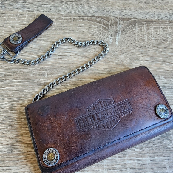 VINTAGE HARLEY DAVIDSON Motorcycle Tri Fold long Brown Leather Wallet & Chain - Picture 16 of 16